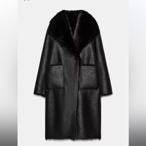 Zara size L reversible faux suede and fur coat Lapel collar coat